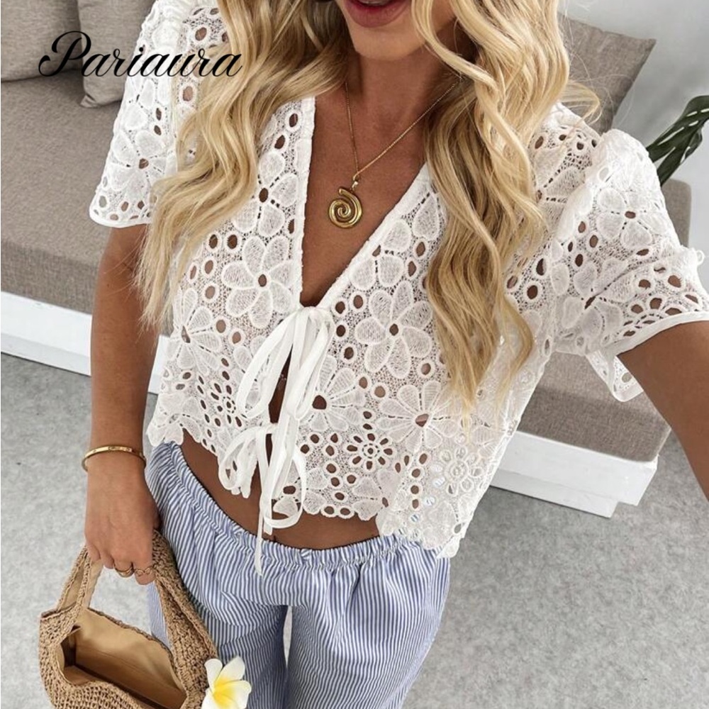 SHEIN White Crochet Tie-Front Floral Lace Blouse